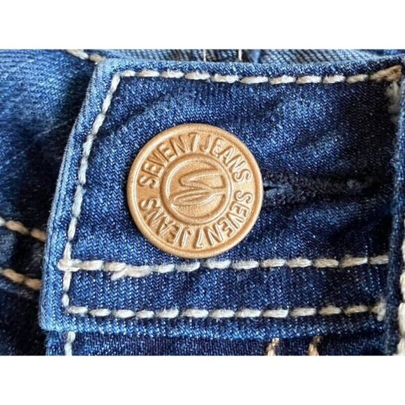Seven7 Womens Medium Dark‎ Wash Rolled Up Jean Shorts Embroidered Logo Size 4 - Picture 3 of 7